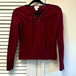 Ann Taylor LOFT Red Sweater SZ Small 100% Cotton with V-Neck w/ Tie Detail
